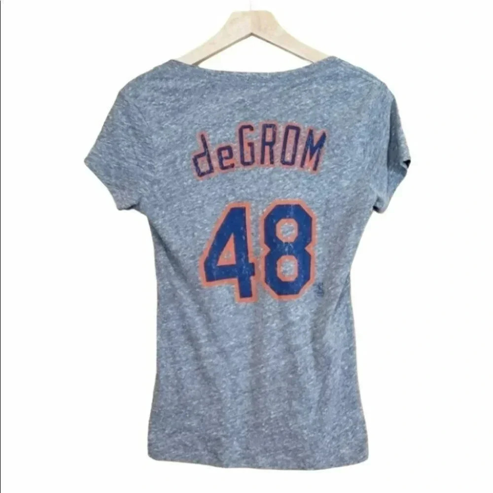 Majestic Threads New York Mets M‎ Grey Jacob deGrom 48 V-Neck Tri-Blend Tee